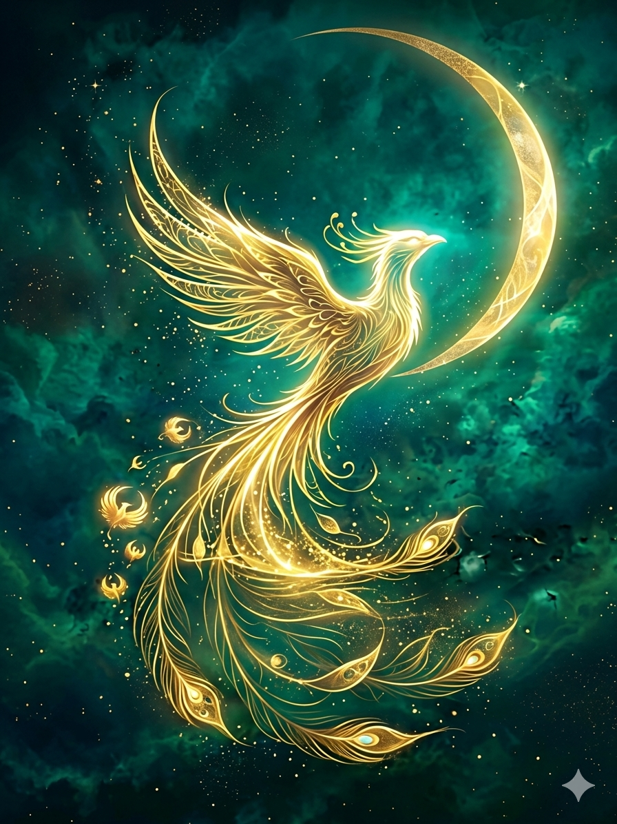 Phénix d'Or majestueux sous le croissant de lune